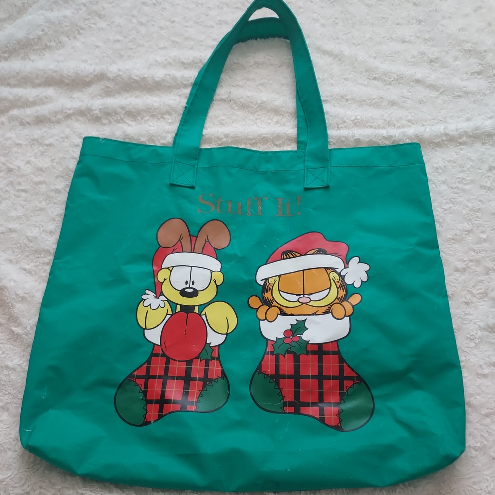 Garfield & Odie Christmas Stocking Teal Vinyl Tote Reusable Bag Holiday
